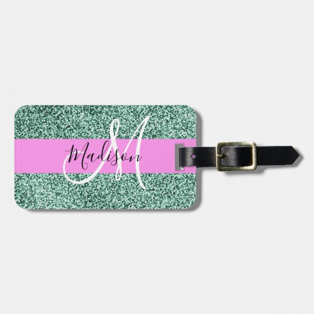 Chic Glam Rosa Grön Glitter Glans Namn Monogram Bagagebricka (Horisontell Framsida)