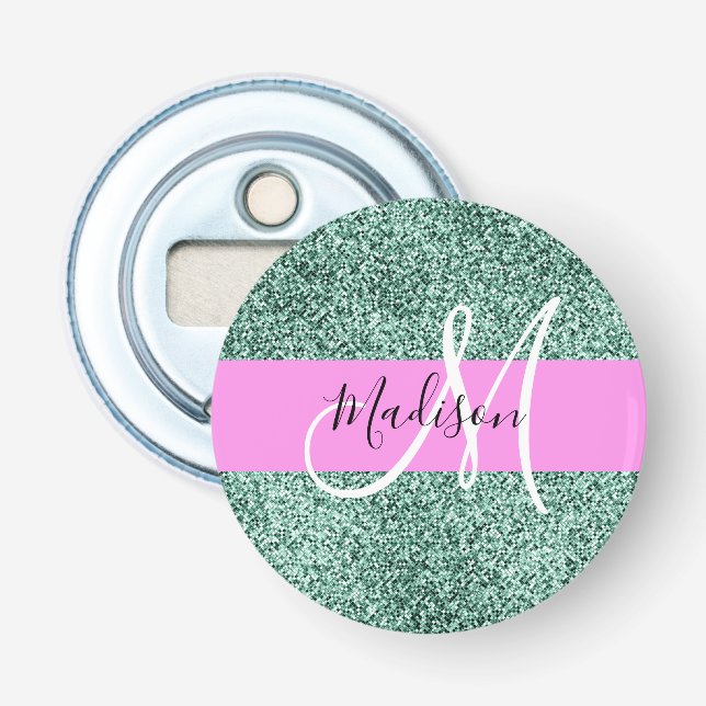Chic Glam Rosa Grön Glitter Glans Namn Monogram Flasköppnare (Framsidan)