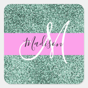 Chic Glam Rosa Grön Glitter Glans Namn Monogram Fyrkantigt Klistermärke