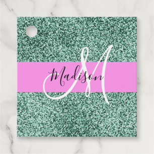 Chic Glam Rosa Grön Glitter Glans Namn Monogram Gåvor Etiketter