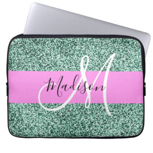 Chic Glam Rosa Grön Glitter Glans Namn Monogram Laptop Fodral