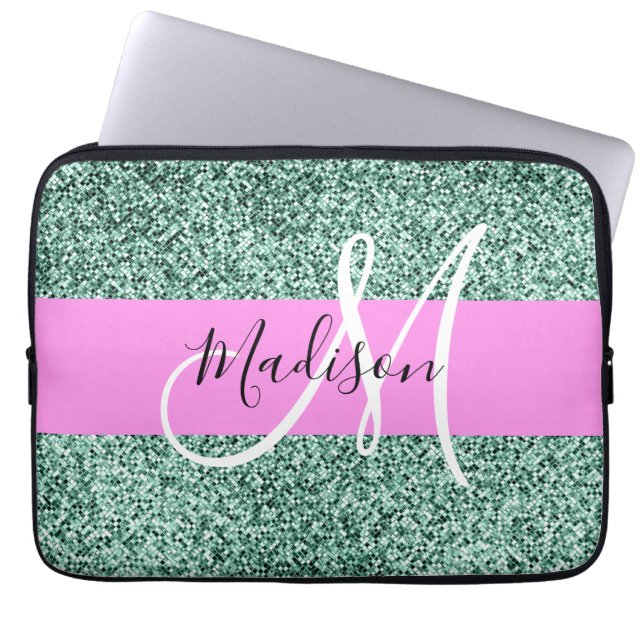 Chic Glam Rosa Grön Glitter Glans Namn Monogram Laptop Fodral (Framsidan)