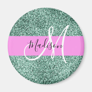 Chic Glam Rosa Grön Glitter Glans Namn Monogram Magnet