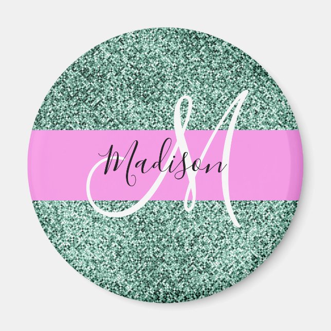 Chic Glam Rosa Grön Glitter Glans Namn Monogram Magnet (Framsidan)