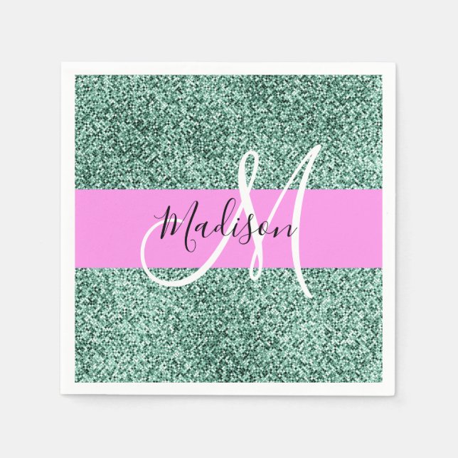 Chic Glam Rosa Grön Glitter Glans Namn Monogram Pappersservett (Framsidan)
