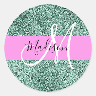 Chic Glam Rosa Grön Glitter Glans Namn Monogram Runt Klistermärke