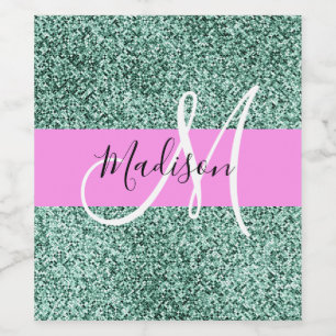 Chic Glam Rosa Grön Glitter Glans Namn Monogram Vinflaska Etikett