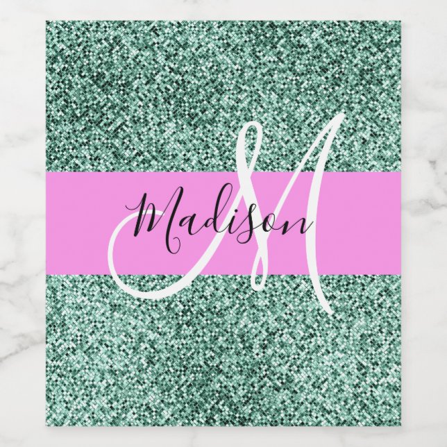 Chic Glam Rosa Grön Glitter Glans Namn Monogram Vinflaska Etikett (Singel etikett)