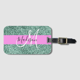 Chic Glam Rosa Grönt Glitter Gnistra Namn Monogram Bagagebricka