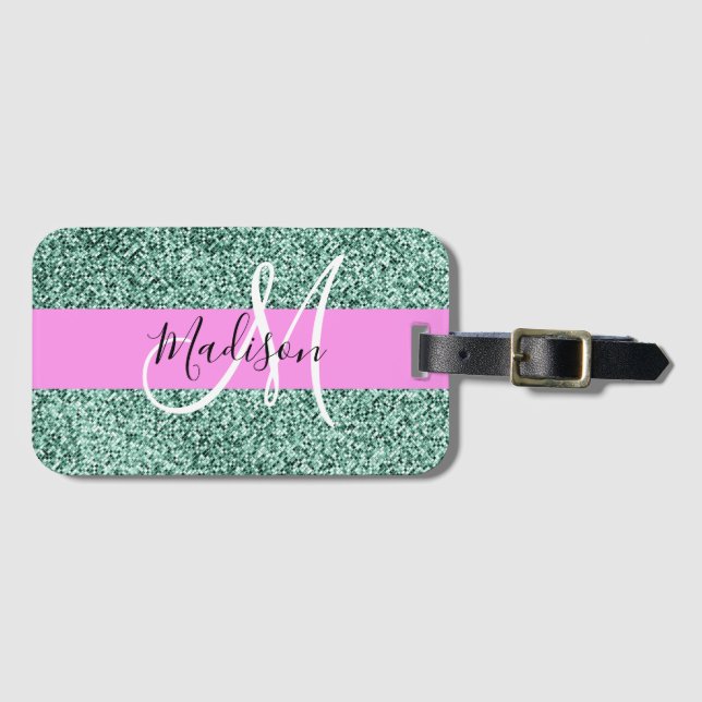 Chic Glam Rosa Grönt Glitter Gnistra Namn Monogram Bagagebricka (Framsida horisontal)