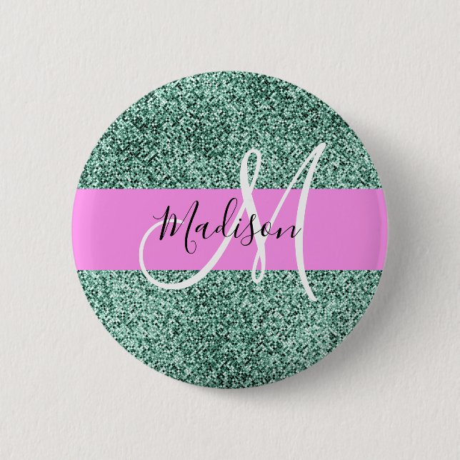 Chic Glam Rosa Grönt Glitter Gnistra Namn Monogram Knapp (Framsida)