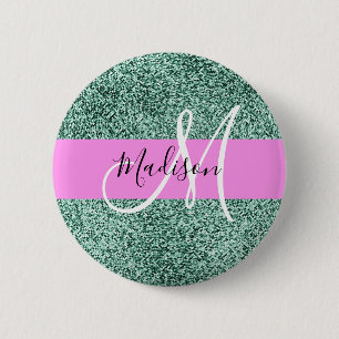 Chic Glam Rosa Grönt Glitter Gnistra Namn Monogram Knapp