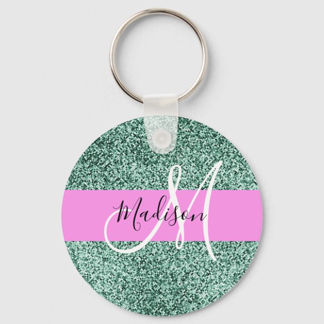 Chic Glam Rosa Grönt Glitter Gnistra Namn Monogram Nyckelring (Framsida)