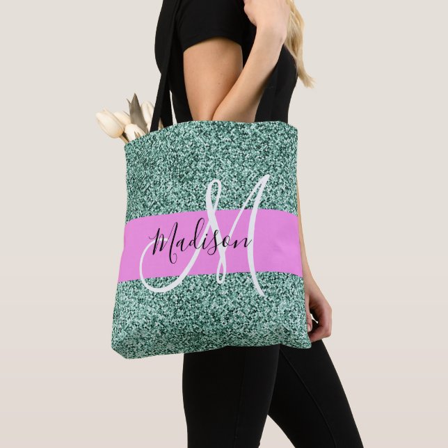 Chic Glam Rosa Grönt Glitter Gnistra Namn Monogram Tygkasse (Närbild)