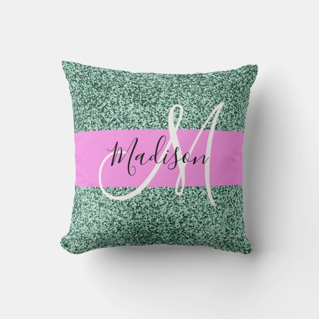 Chic Glam Rosa Grönt Glitter Gnistrande Namn Monog Kudde (Framsida)