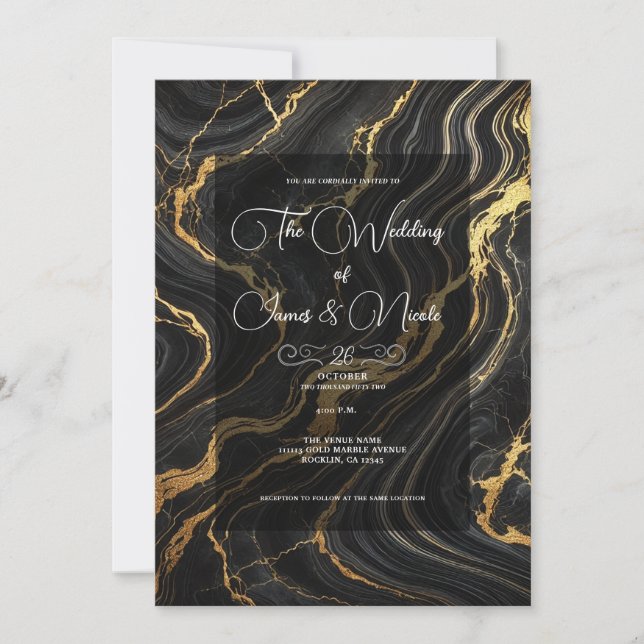 Chic Glam Svart Guld Marmor Utseende Bröllop Inbjudningar (Framsida)