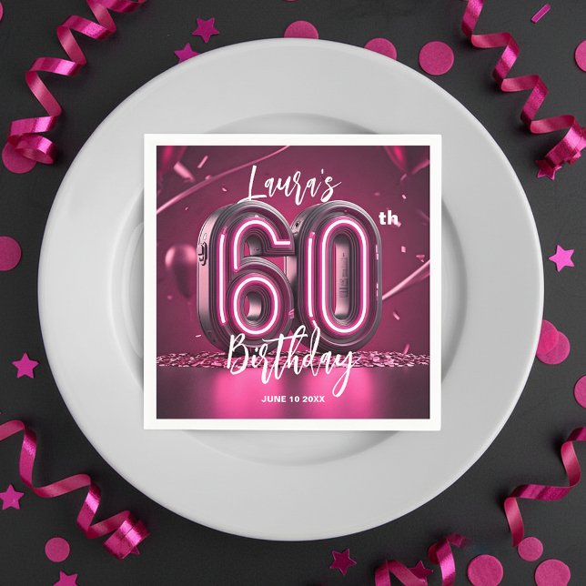 Chic Glam Vibrant Pink Neon Glow 60th Birthday Pappersservett (Skapare uppladdad)