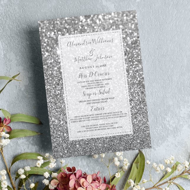 Chic glamoral trendig silver glitter Bröllop Menu Meny (Chic glamorous trendy silver glitter Wedding Menu)