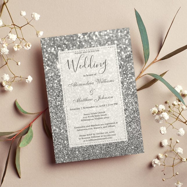 Chic glamorerat trendig silver glitter Bröllop Inbjudningar (Chic glamorous trendy silver glitter Wedding Invitation)