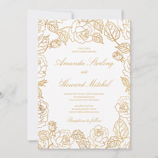Chic glamorfolie av guld rosor blommor bröllop inbjudningar (Framsida)
