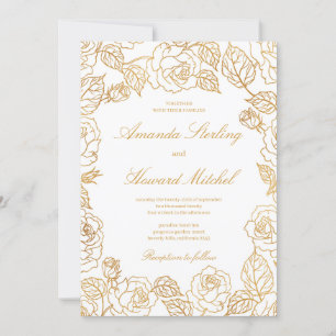Chic glamorfolie av guld rosor blommor bröllop inbjudningar