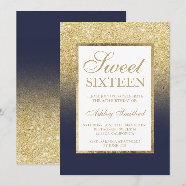 Chic glitter, blått elegant Sweet sixteen i guld Inbjudningar (Fram/baksida)