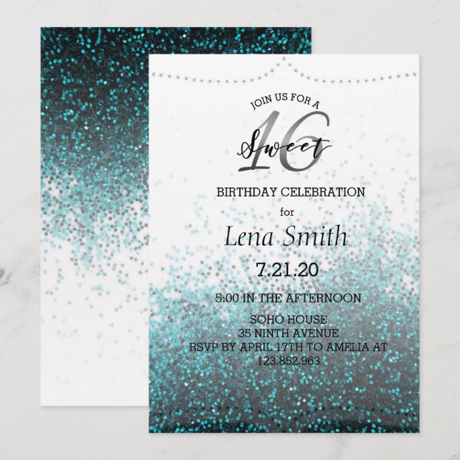 Chic Glitter Blue Confetti Sweet 16 Birthday Inbjudningar (Fram/baksida)