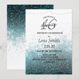 Chic Glitter Blue Confetti Sweet 16 Birthday Inbjudningar