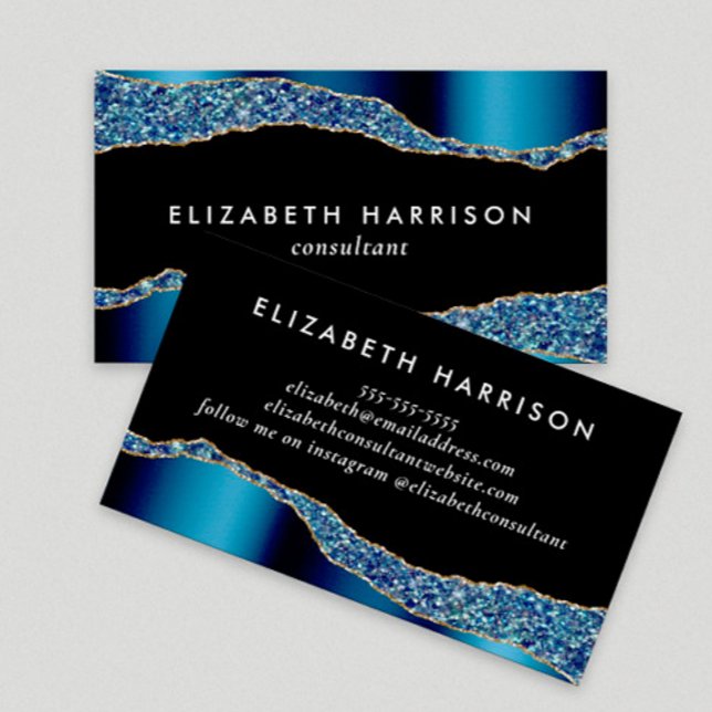 Chic Glitter Blue Foil Black Visitkort (Skapare uppladdad)