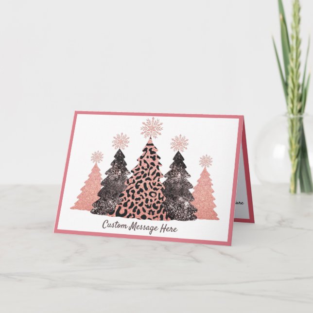 Chic Glitter Christmas Trees Pink Leopard Gray Kort (Framsida)