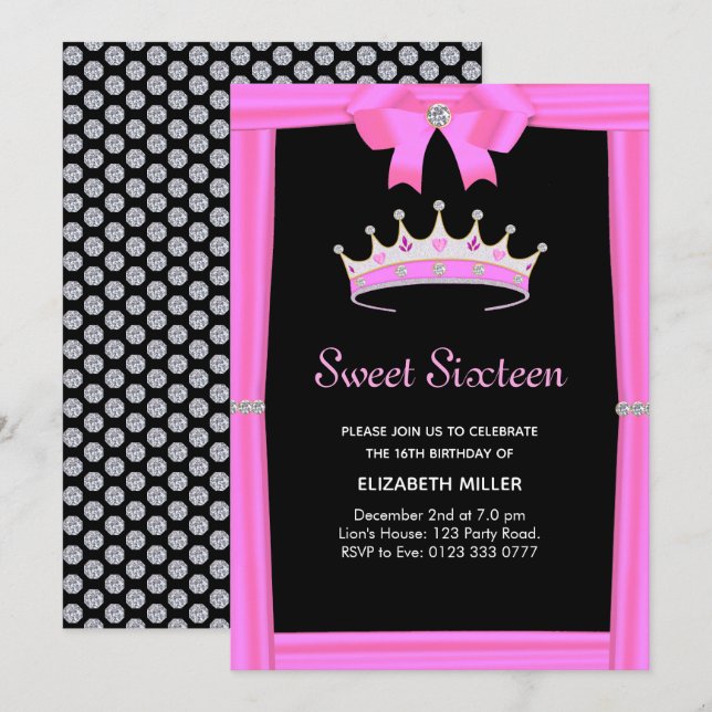 Chic Glitter Diamond Krona Sweet sixteen Inbjudningar (Fram/baksida)