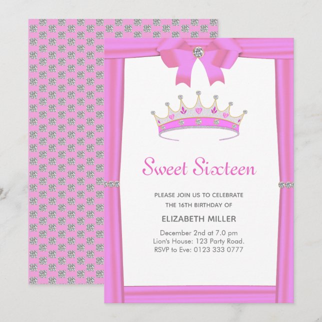 Chic Glitter Diamond Krona Sweet sixteen Inbjudningar (Fram/baksida)