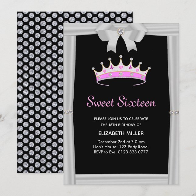 Chic Glitter Diamond Krona Sweet sixteen Inbjudningar (Fram/baksida)