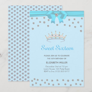 Chic Glitter Diamond Sweet Sixteen på ljusblå Inbjudningar