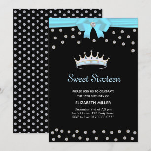 Chic Glitter Diamond Sweet Sixteen på svart Inbjudningar
