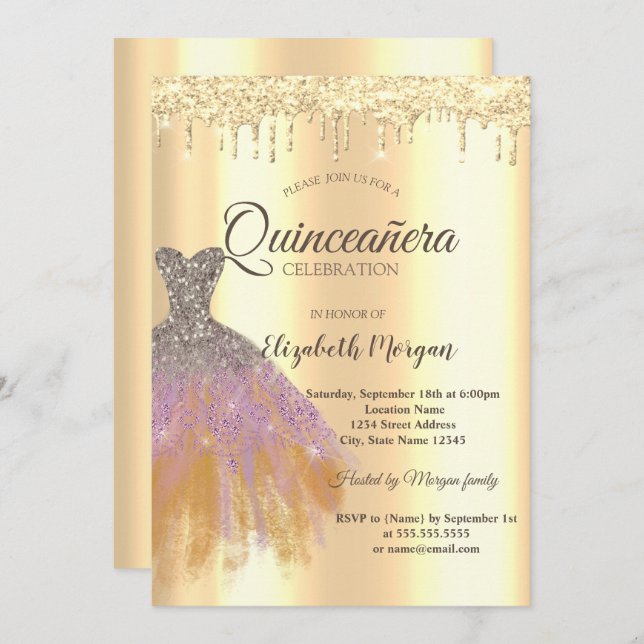 Chic Glitter Dress,Guld Drips Quinceañera Inbjudningar (Fram/baksida)