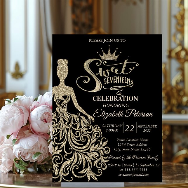 Chic Glitter Dress,Tiara Black Quinceañera Inbjudningar (Skapare uppladdad)