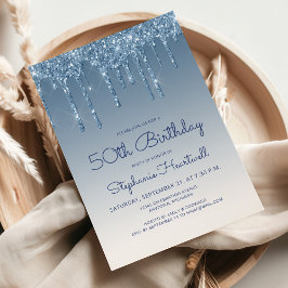 Chic Glitter Drip Blå 50-årsdag Inbjudningar