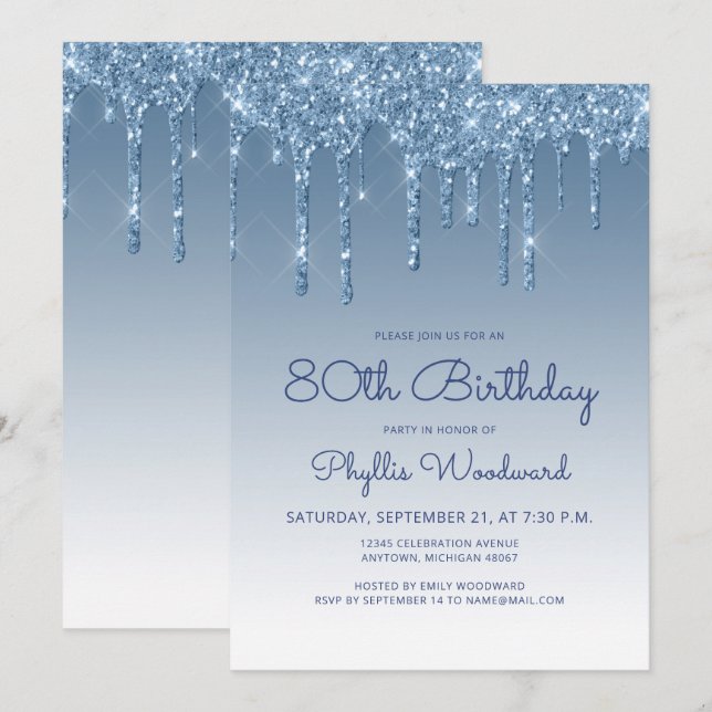 Chic Glitter Drip Blå 80-årsdag Inbjudningar (Fram/baksida)