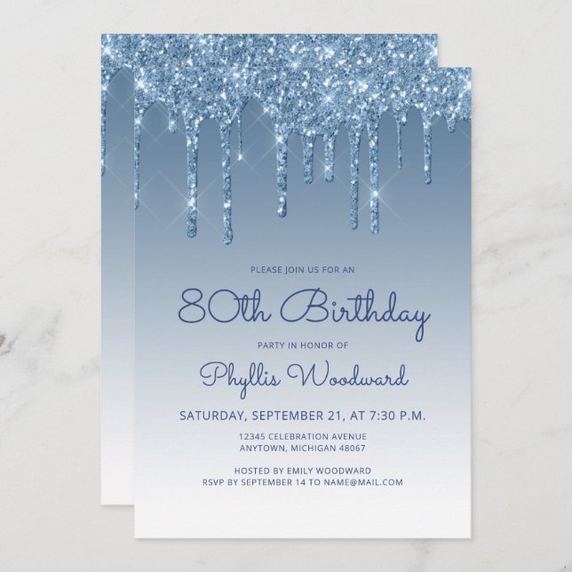 Chic Glitter Drip Blue 80 Birthday Inbjudningar (Fram/baksida)