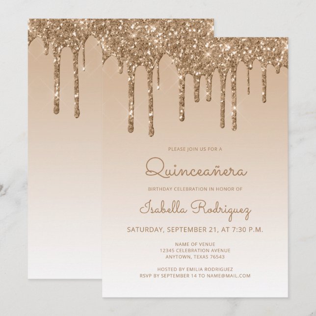Chic Glitter Drip Guld Quinceañera Inbjudningar (Fram/baksida)