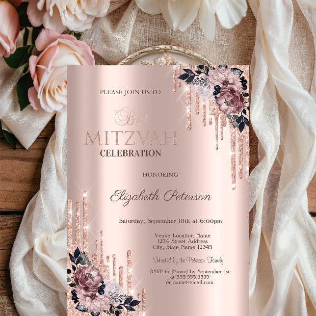 Chic Glitter Drips Blommor Rose Gold Bat Mitzvah   Inbjudningar (Skapare uppladdad)
