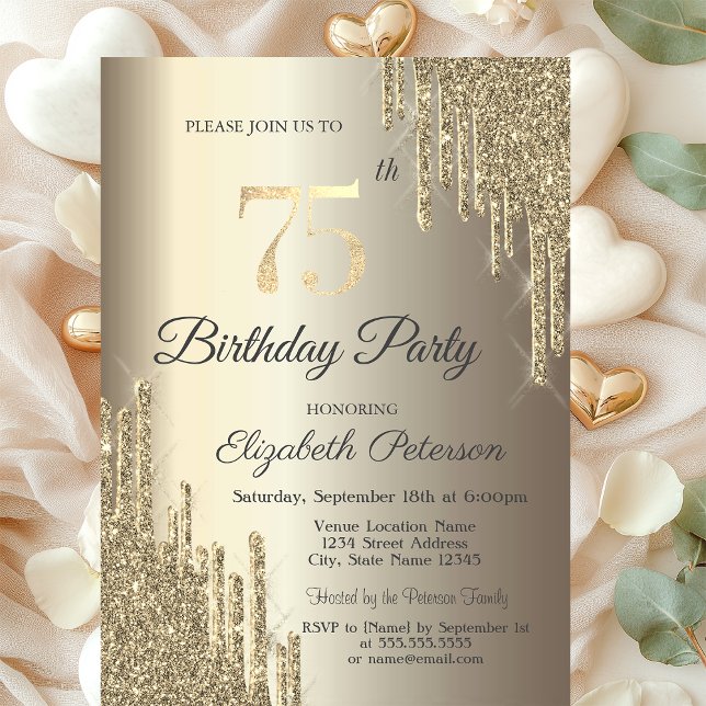 Chic Glitter Drips Champagne 75-årsdag   Inbjudningar (Skapare uppladdad)