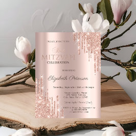 Chic Glitter Drips Rosa Guld Bat Mitzvah Inbjudningar