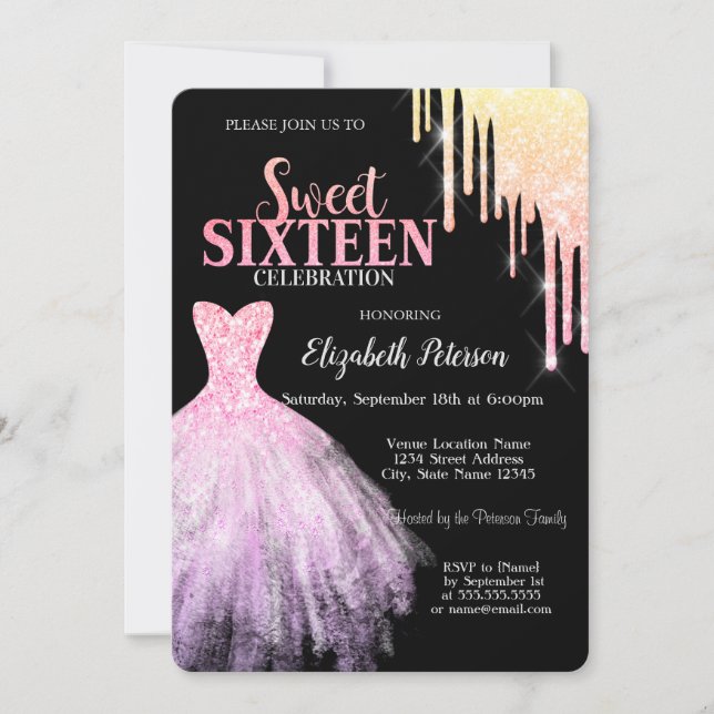 Chic Glitter Drips, Rosa klänning Svart Sweet 16  Inbjudningar (Framsida)
