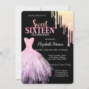 Chic Glitter Drips, Rosa klänning Svart Sweet 16  Inbjudningar