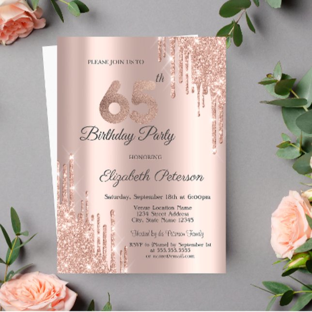 Chic Glitter Drips Rose Gold 65-årsdag  Inbjudningar (Skapare uppladdad)