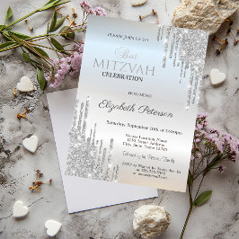 Chic Glitter Drips Silver Bat Mitzvah Inbjudningar