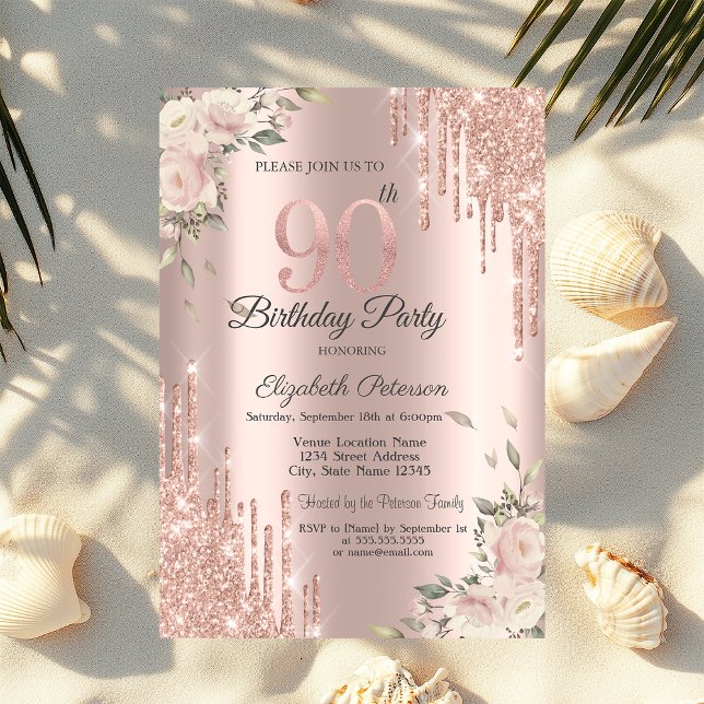 Chic Glitter Drivrutiner,Blommor Ro Guld 90:e föde Inbjudningar (Skapare uppladdad)