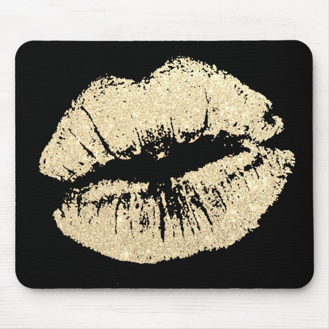 Chic Glitter Effect Guld Läppar Black Mousepad Musmatta (Framsidan)